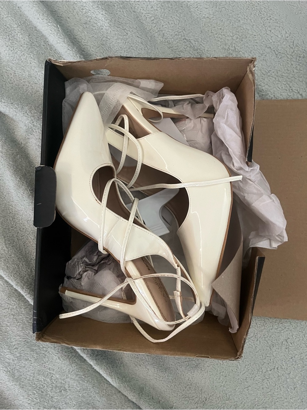 Fashion Nova Patent Lace-Up Pointed Heels in Cream